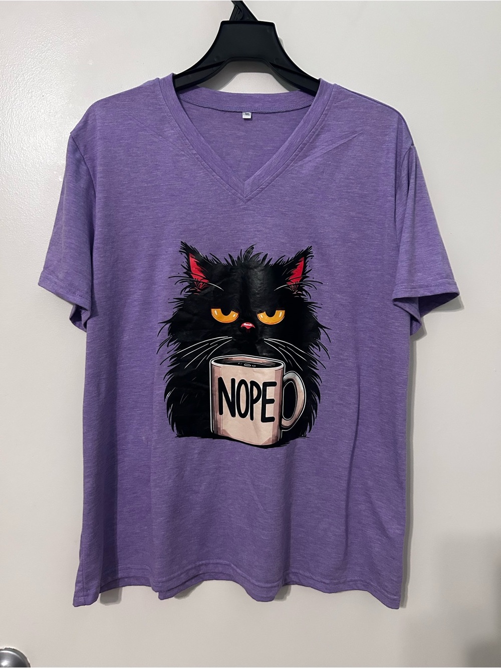 Amazon Purple V-Neck Tee with Black Cat 'NOPE' Graphic
